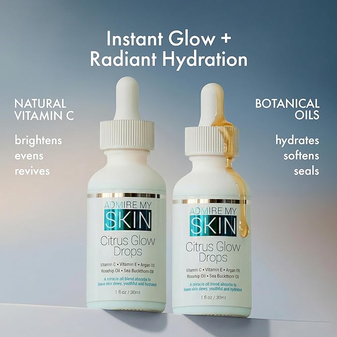 Admire My Skin Vitamin C Gua Sha Oil for Face - Organic Facial Oil for Glowing Skin with + Argan & Rosehip Oils - For a Dewy, Youthful Glow 1oz