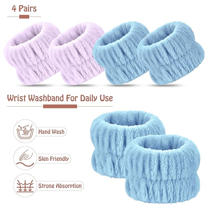 Wrist Bands for Washing Face, 4pcs Spa Face Washing Wristbands, Microfiber Arm Wrist Towels, Absorbent Wash Wristbands for Woman Men, Prevent Water from Spilling Down Your Arms