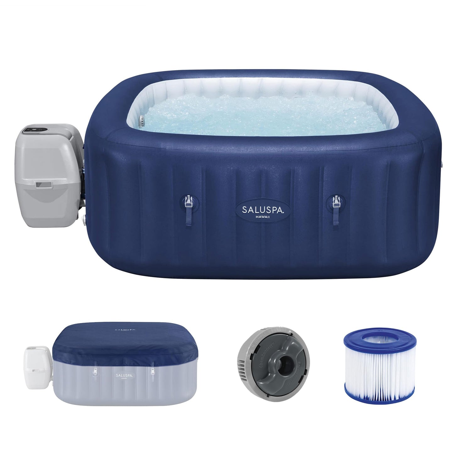 Bestway SaluSpa Hawaii 4 to 6 Person Inflatable Hot Tub, Square Energy-Efficient Portable Outdoor Spa with 140 AirJets, 71" x 28"