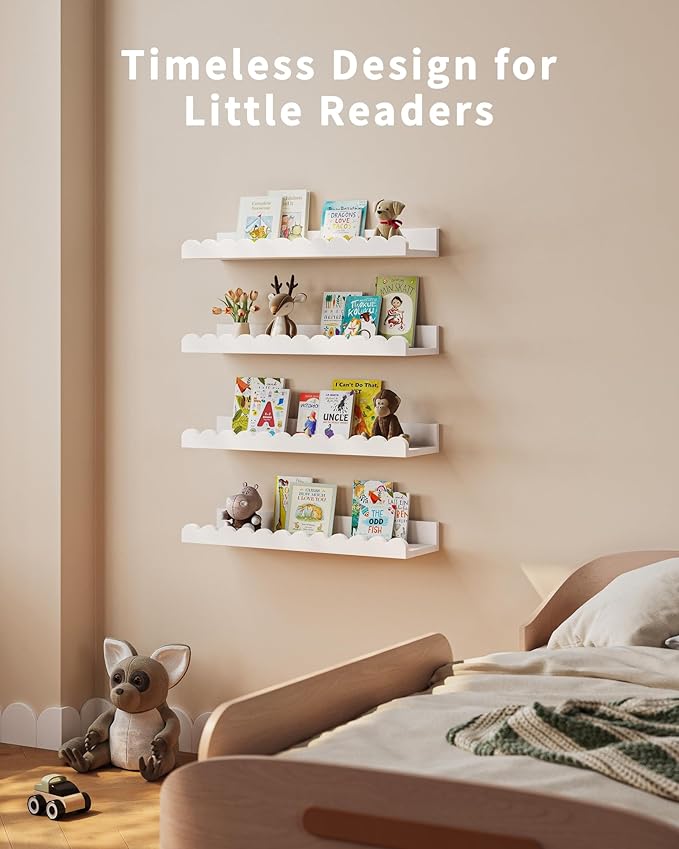 Shario Nursery Book Shelves, 4-Pack White Floating Shelves for Wall Kids, Scalloped Shelves, Wall Book Shelves for Bedroom Kids, Toddler Room, Baby Room, Nursery Decor