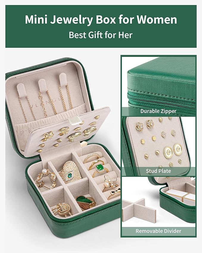 Vlando Travel Jewelry Case, Small Travel Jewelry Organizer Box for Girls Women - Dark Green