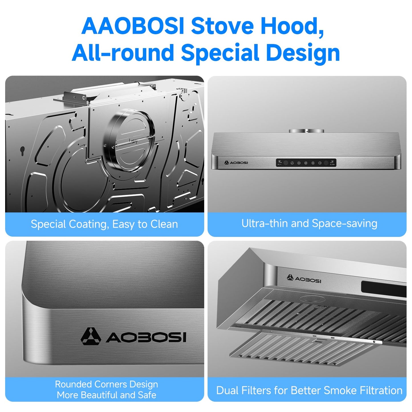 AAOBOSI Range Hood 30 inch Under Cabinet, (Upgraded)800-CFM Gesture Sensing/Touch Control/Motor,3 Speed Range Hood with LED Lights Exhaust Fan, Stainless Steel Kitchen Vent Hood