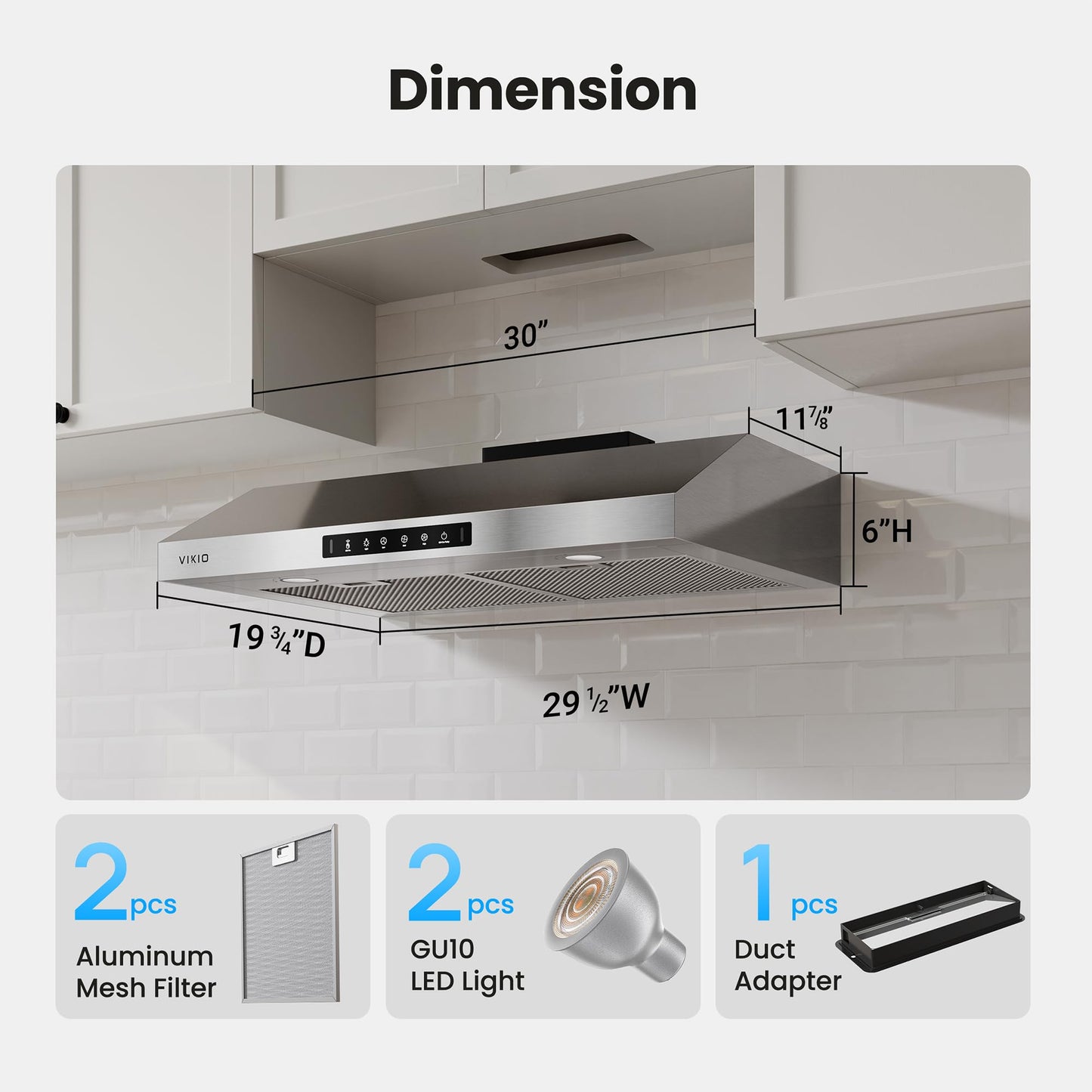 VIKIO HOME 30 Inch Under Cabinet Range Hood 900 CFM, Dual Motor Powerful Kitchen Vent Hood, Gesture & Touch Control, Ultra Quiet DC Motor, Dishwasher-Safe Filters, LED Lights, Stainless Steel