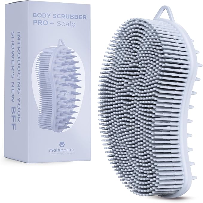 MainBasics Silicone Body Scrubber Dual-Sided Shower Loofah and Scalp Scrubber (Frosted Sky, Scalp)