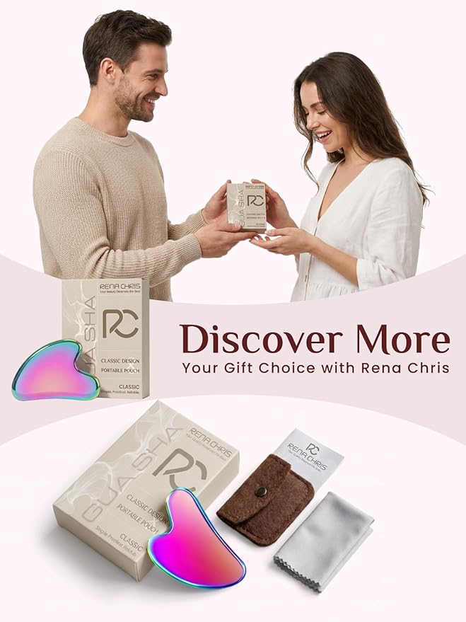 Rena Chris Gua Sha Facial Tools, Stainless Steel Guasha Tool for Acupuncture, Manual Massage Tool for Jawline Sculpting and Puffiness Reducing, Gua Sha Facial Massage Tool (Irridescent)