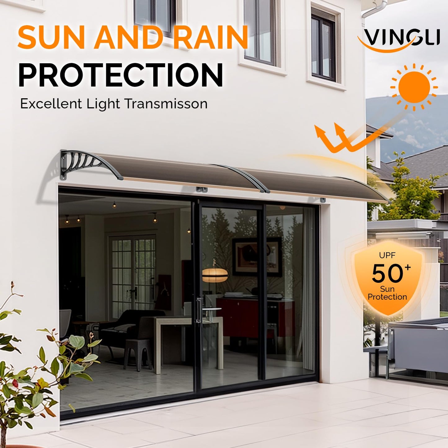 VINGLI Window Awning Door Canopy Exterior, 40" x 60" Awnings for Doors Polycarbonate Cover Patio Door Awning Rain Snow Sunlight Protection Hollow Sheet (Brown Board & Black Bracket)