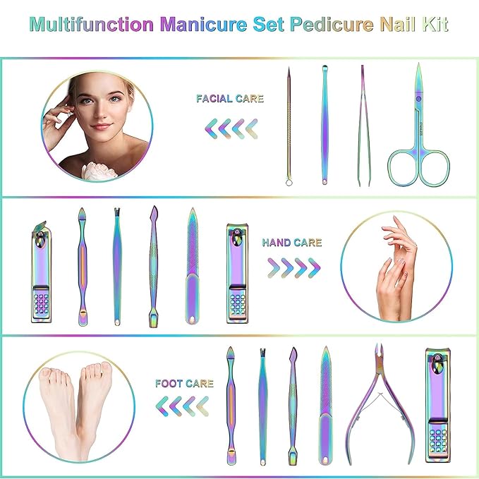 ANRUI Manicure Set Nail Clippers Pedicure Kit - 12pcs Stainless Steel Nail Kit, Colorful Professional Nail Care Kit Nail Files & Scissors Tools for Hands Foot Facial - Pink