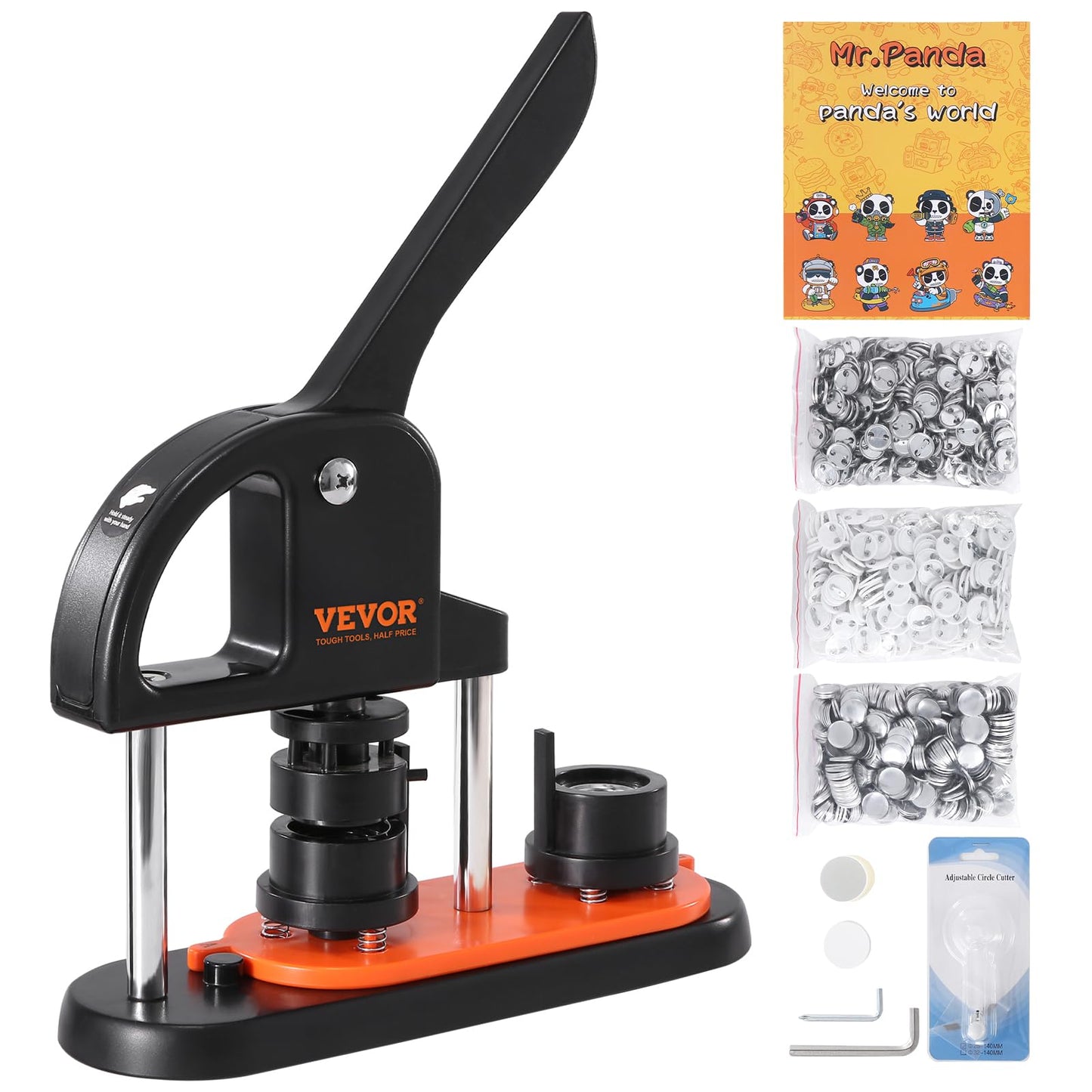 VEVOR Button Maker Machine, 25mm/1 inch Button Maker with 500pcs Button Parts, Ergonomic Arc Handle Punch Press Kit, Pin Maker with Panda Magic Book, for Children DIY Gifts and Christmas