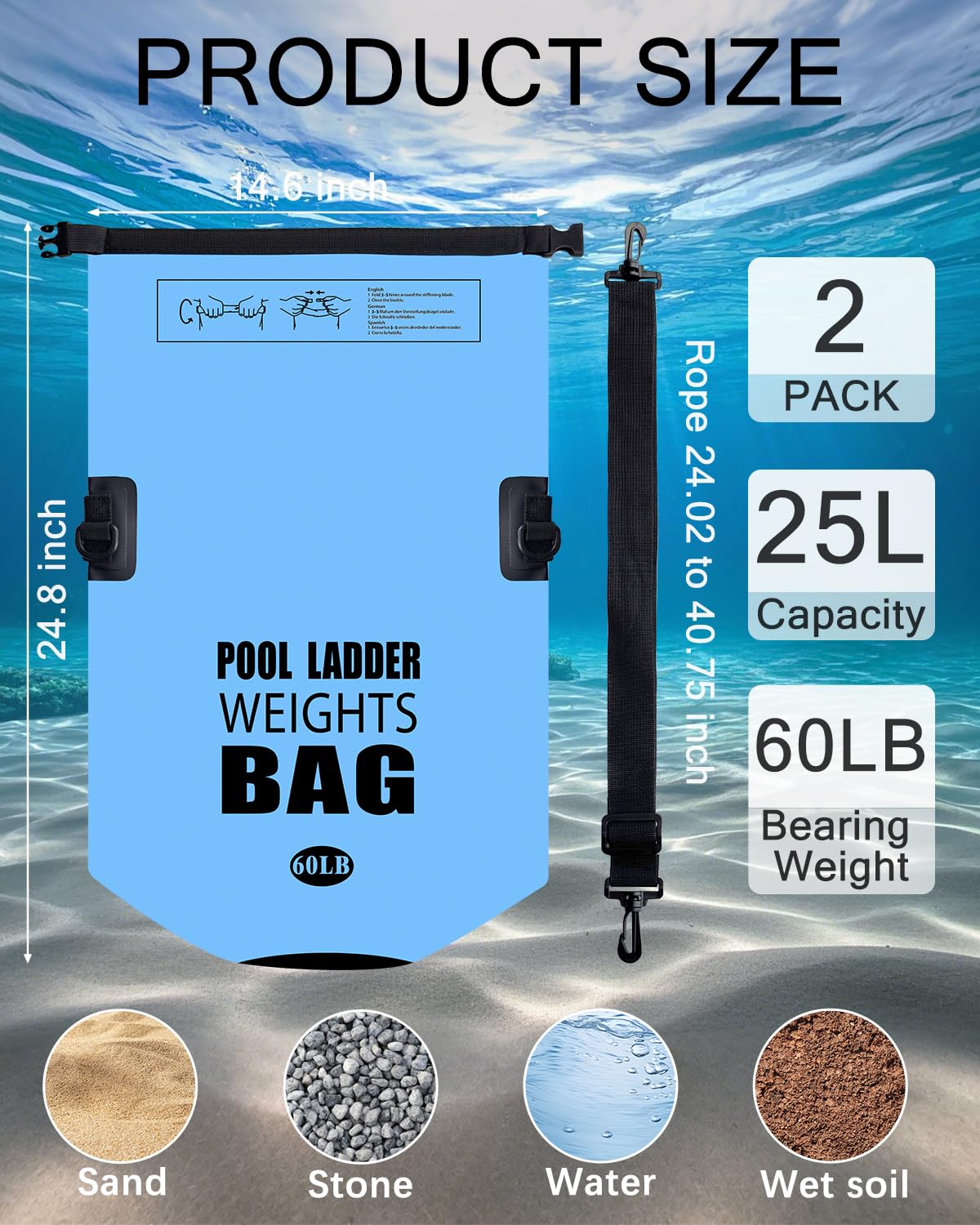 Piemow 2 Pack 25L/60LB Pool Ladder Weights - 500D PVC Waterproof & No Broken Sand Bag with Handle, Above Ground Pool Accessories for Stairs Stabilizing