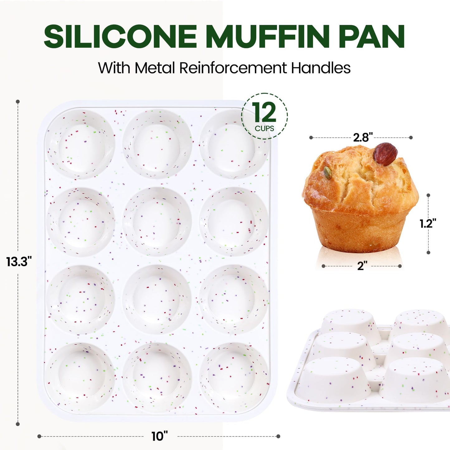 Fimary Muffin Pan - 12 Cups Silicone Muffin Pan Non-Stick Food Grade Silicone Cupcake Pan for Muffins,Tart, BPA Free - Standard Cup Size - Diameter 2.8" Depth 1.2" - Set of 2 Cream With Rainbow Dots