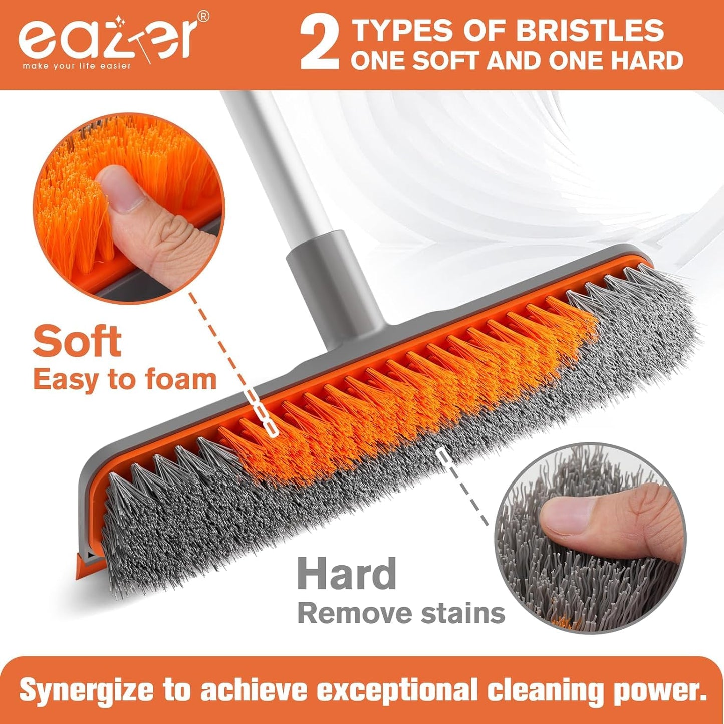 Eazer 2-in-1 Floor Scrub Brush with Long Handle, Soft/Hard Bristle Concrete Deck Brush with Squeegee, Garage Floor Cleaner for Tile/Concrete, Indoor/Outdoor Kitchen Bathroom Pool Deck -12" W/60 H