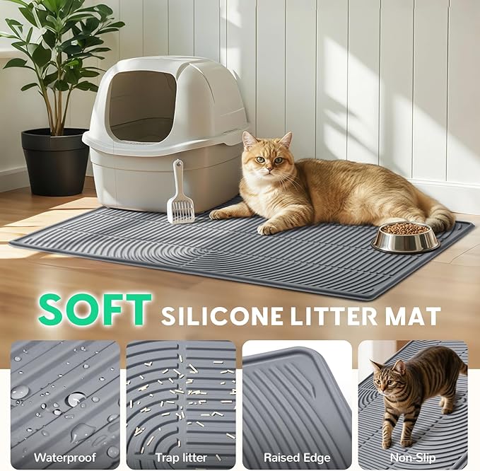 Cat Litter Mat,34" x 22" Large Silicone Pad for Floor Waterproof Litter Trapping Mat for Scatter Control Soft on Kitty Paws Non-Slip Easy to Clean
