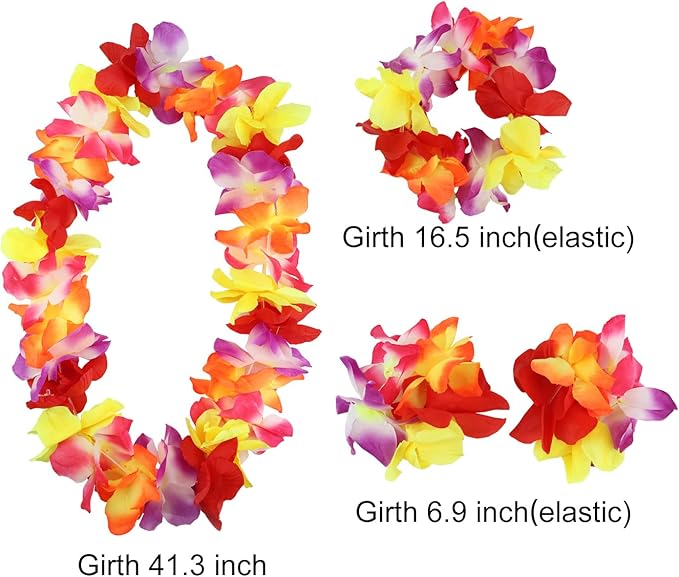 Hawaiian Leis Set,Hawaiian Luau Flower Leis Necklace Headband Bracelets Set,Essential Party Decorations for Birthday, Graduation, and Wedding Celebrations (Colorful)