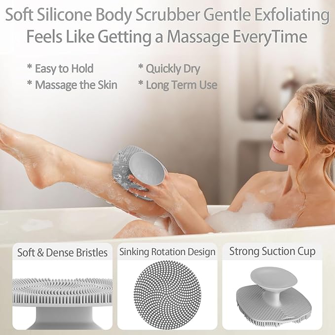 Soft Silicone Body Scrubber, Gentle Like a Hand Exfoliating Your Skin and Build Up Lather Easily, Back Large Suction Cup Easy to Store, Long-Lasting & Deep Clean (Gray)