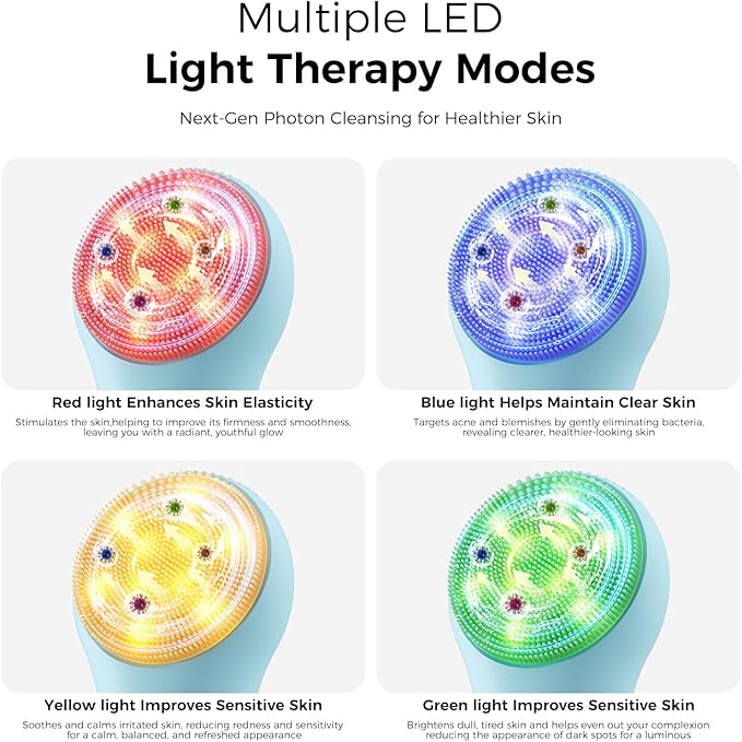 Face Scrubber Facial Cleansing Brush - Waterproof and Rechargeable Face Cleansing Brush with 4 LED Gentle Light, Cleansing, Exfoliating and Massaging, Electric Face Scrub Brush for Men & Women (Blue)