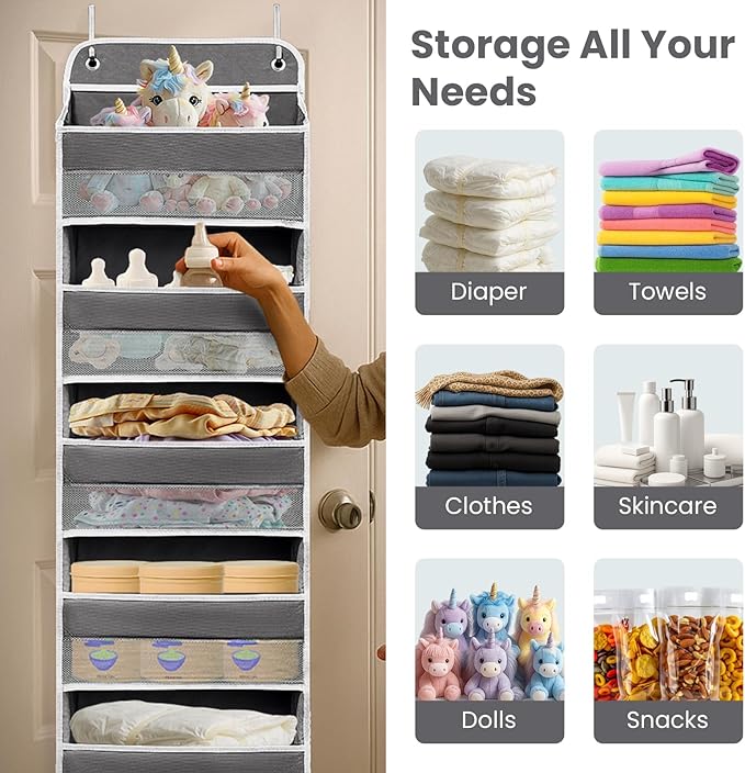 Ease of Assembly Over The Door Organizer, 5 Shelves & 8 Side Pockets,Hanging Behind Door Storage, Heavy-Duty Reinforced Mesh Rack Holds 44lb for Bathroom,Pantry, Nursery,Closet, Shoes, Towels