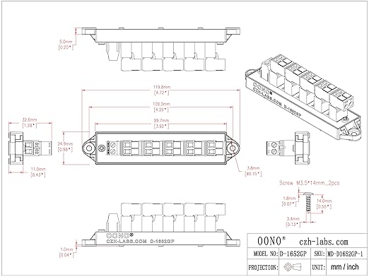16Amp 300V 2x6 Position Pluggable Terminal Block Distribution Module. OONO D-1652GP