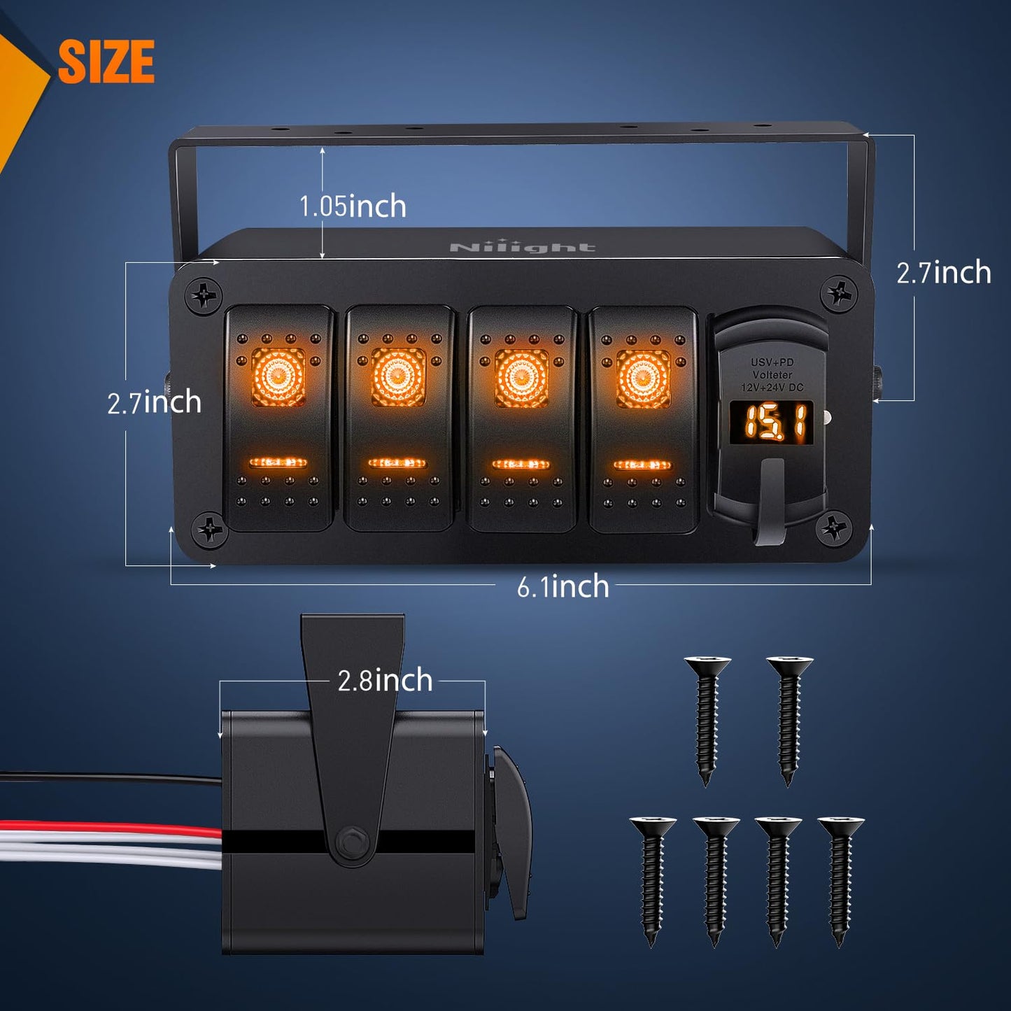 Nilight 4 Gang Rocker Switch Box 12V SPST ON Off Toggle Switches PD Type C and QC 3.0 USB Sockcet Voltmeter Orange LED Light Waterproof Aluminum Mount Bracket Panel DIY Stickers for Boat Car RV Truck