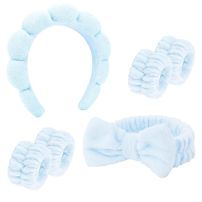 Semato Spa Headband and Wristband Set Skin Care Headband Fluffy Bow Face Wash Headband Hair Accessories Bubble Sponge Spa Headband for Women and Girls (blue)