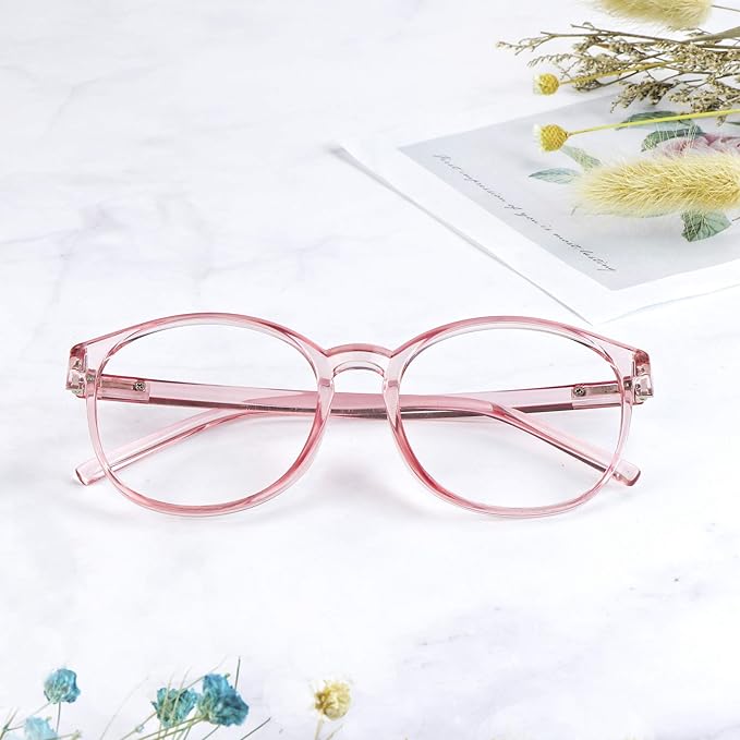 LifeArt Round Blue Light Blocking Glasses, Computer Glasses, Gaming Glasses, TV Glasses for Women Men (Clear Pink, 2.75 Magnification)