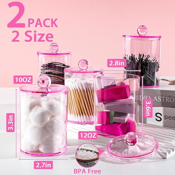 XIPENGKEJI 2 Pack Qtip Holder,Canister Apothecary Jar Set, Bathroom Jars with Lids Set for Cotton Swabs, Balls, Pads, Floss Picks,10oz-12oz Plastic Canisters Restroom Bedroom Vanity Organizer(Pink)