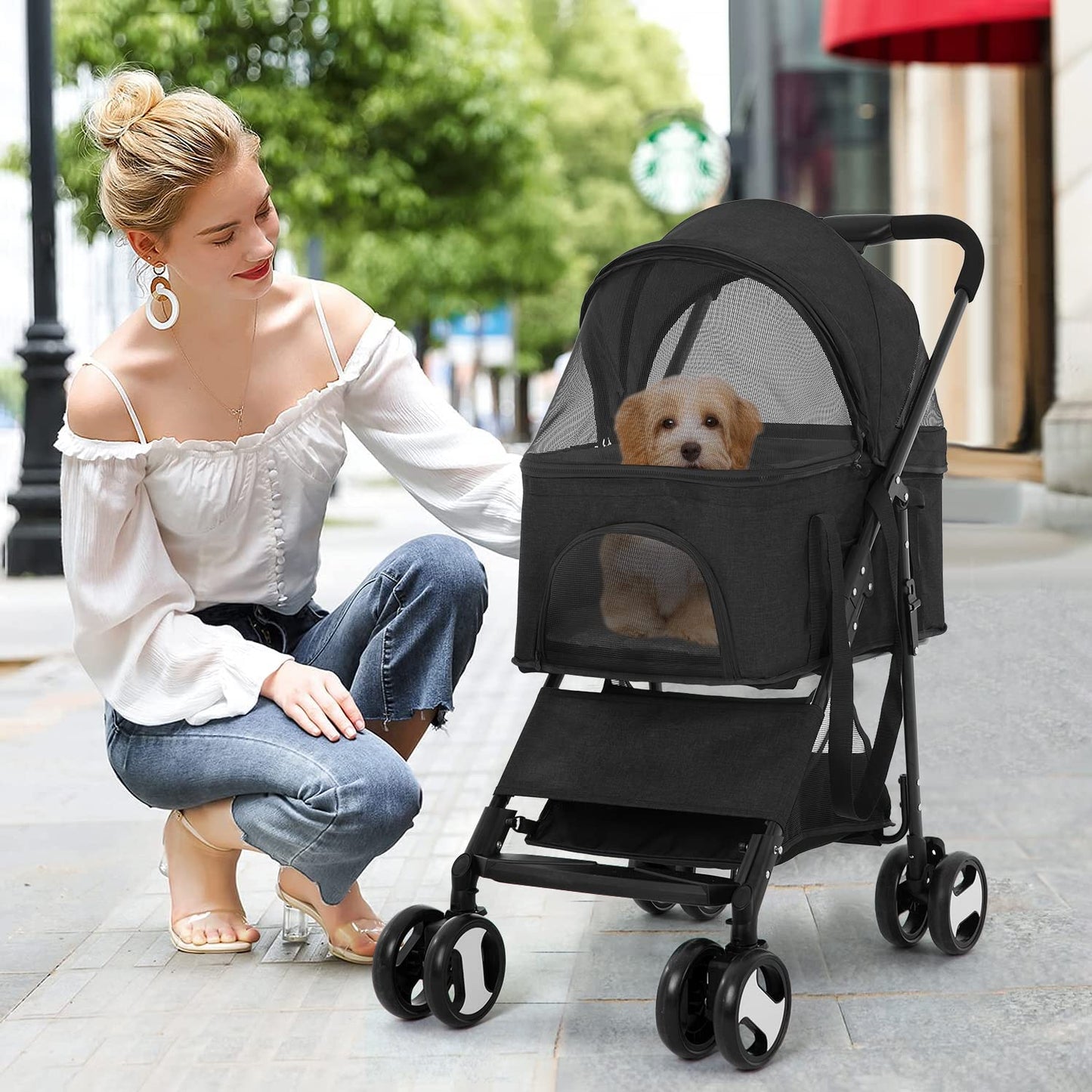 BestPet Pet Dog Stroller with Premium 3-in-1 Multifunction & Detachable Carrier for Folding Lightweight Cat Travel Stroller,Black