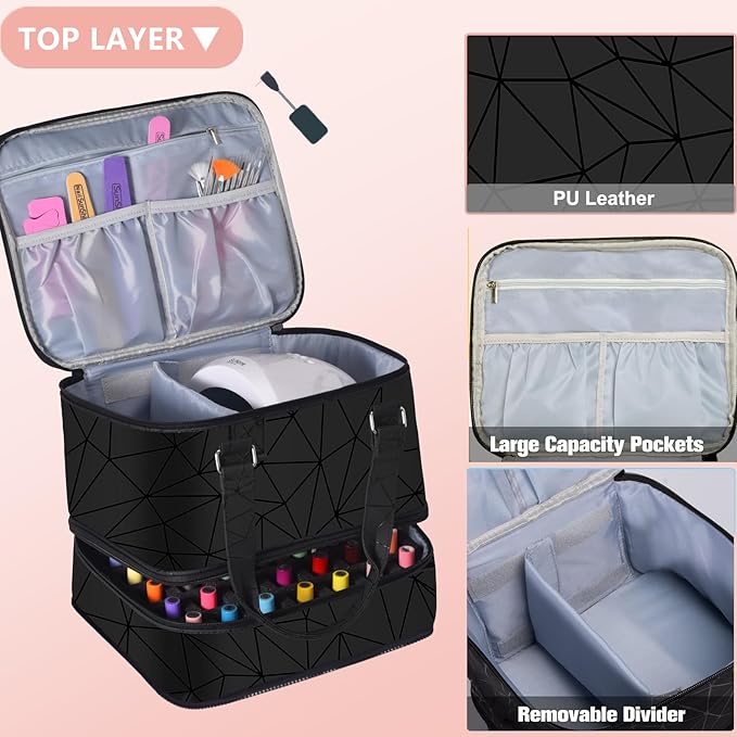 Large Nail Polish Organizer Case Hold 84+ Bottles Nail Polish & Nail Lamp, 3 Layers Nail Organizers and Storage for Nail Tech with Divider, Travel Carrying Case(Black)