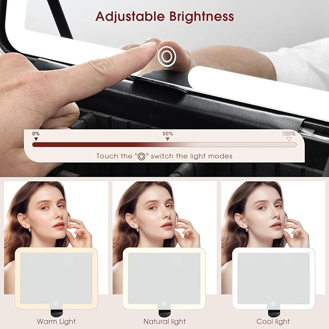Faquenc Leather Makeup Case with LED Lighted Mirror 11.4 Inch Travel Makeup Bag Adjustable Brightness in 3 Colors Cosmetic Organizer Artist Storage Bag with Dividers Brush Holder Bag Vanity Red