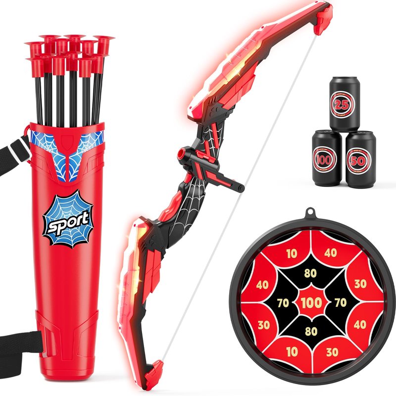 HYES Bow and Arrow for Kids, LED Light Up Archery Set with 12 Suction Cup Arrows, 1 Hanging Target, 3 Score Targets & 1 Quiver, Indoor Outdoor Sport Gifts for Boys Girls Ages 4-12, Black