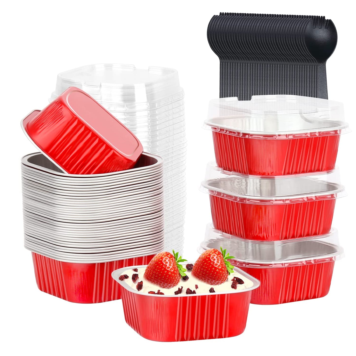LNYZQUS 5oz Cupcake Pans Disposable Ramekins 40 Pack, Aluminum Foil Cupcake Liners With Lids,Square Brownie Mini Cake Baking Pans,Cupcake Cups Muffin Tin Holders-Red