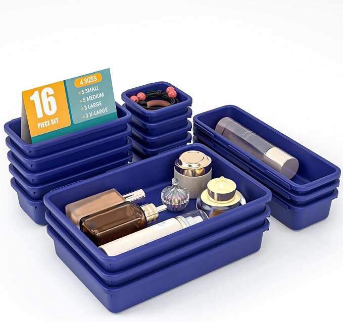 16 PCS Drawer Organizer Set, 4 Size Makeup Drawer Divider Organizer With Non-Slip Pads, Interlocking Plastic Storage Bins for Office,Jewelry Vanity,Gadgets, Bathroom,Kitchen, Navy