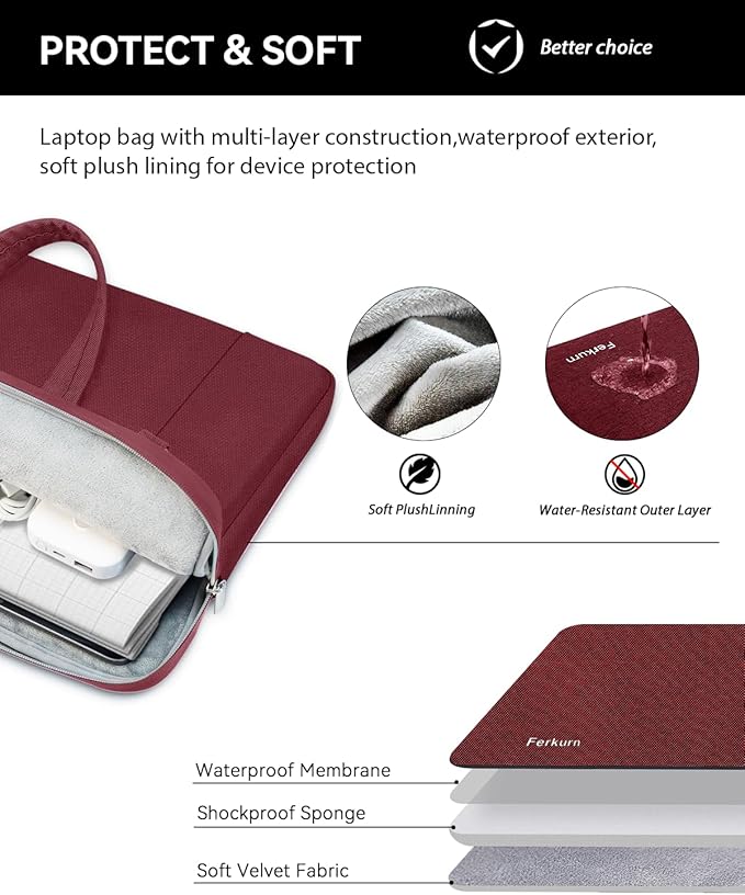 Ferkurn Laptop Case Bag Women Men Computer Sleeve with Shoulder Compatible with HP/Inspiron/Thinkpad/Vivobook/MSI/Surface, 15.6 inch, Red