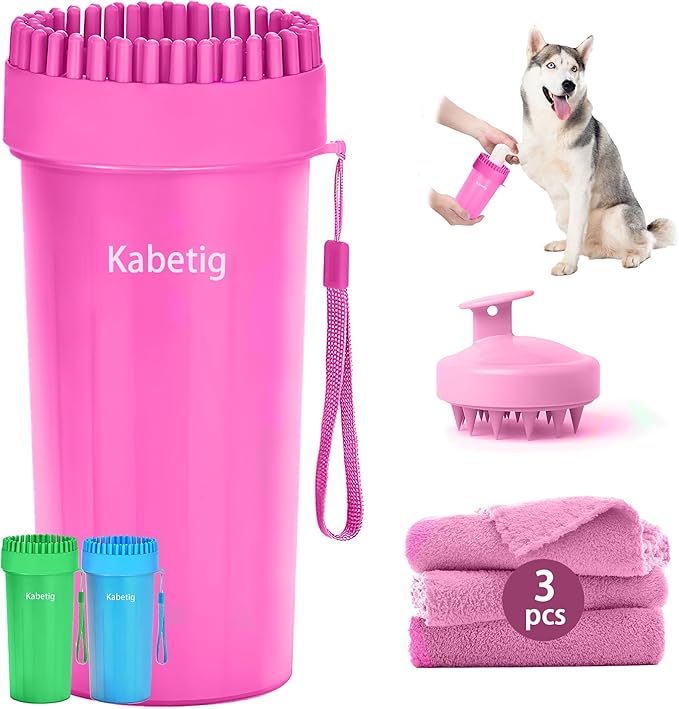 Dog Paw Cleaner Kit for L/XL Dogs - Quick Clean No Full Bath, 2-in-1 Paw Wash Cup with Detachable Silicone Brush Head, Includes Bath Brush & 3 Absorbent Towels, Pink