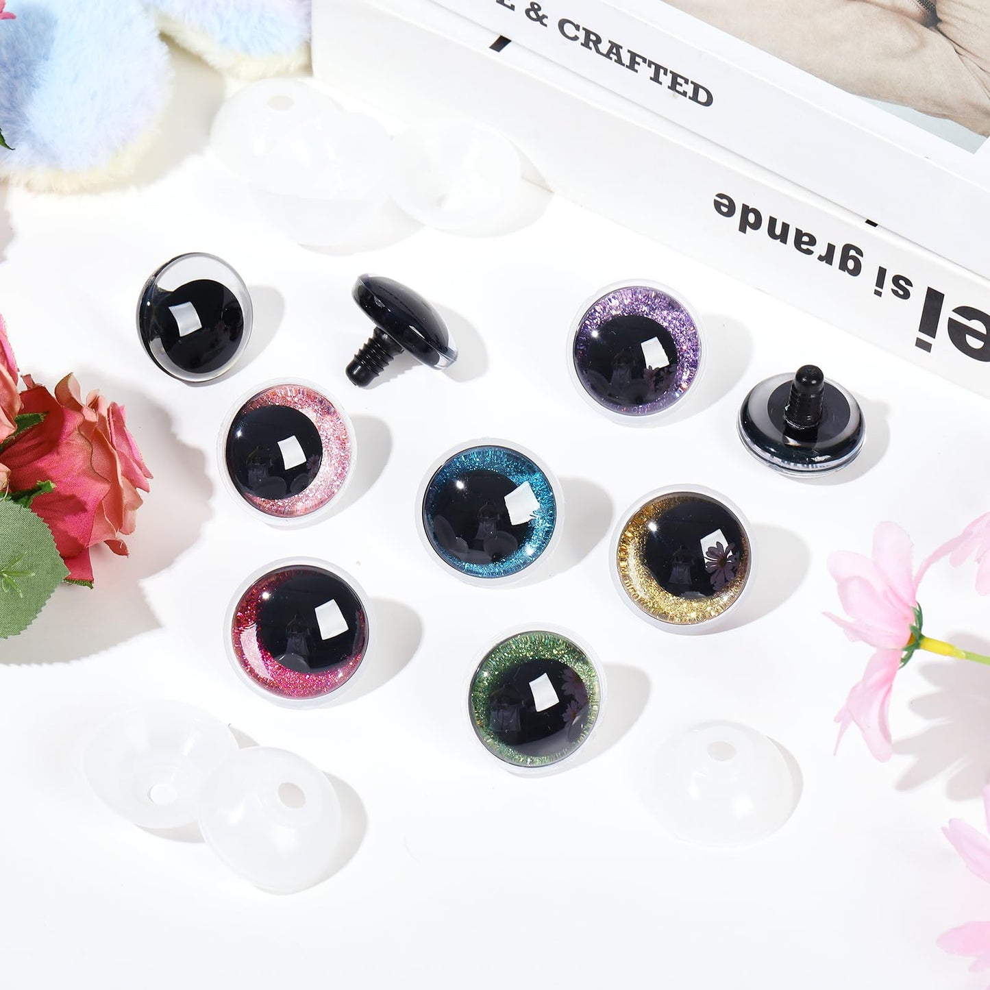 MUCUNNIA 96pcs 25mm 3D Glitter Safety Eyes for Crocheting with Washers Moon Crochet Amigurumi Eyes for Crochet Animals Craft Eyes Doll Eyes Stuffed Crochet Eyes for Crafts Gift for Crochet Lovers