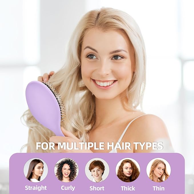 Boar Bristles Hair Brush for Women and Men, Detangling Hair Brush for Smoothing Massage Add Shine, Nylon&Boar Bristles Detangler brush for Hair Healthy (1 Pcs-Purple&White)