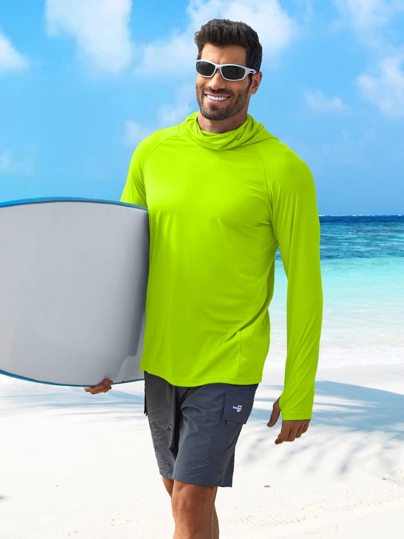 Men's Sun Hoodie Shirt with Mask UPF 50+ Fishing Shirts for Men UV Protection Shirts Long Sleeve Rash Guard Hiking Clothes L Lemon Green
