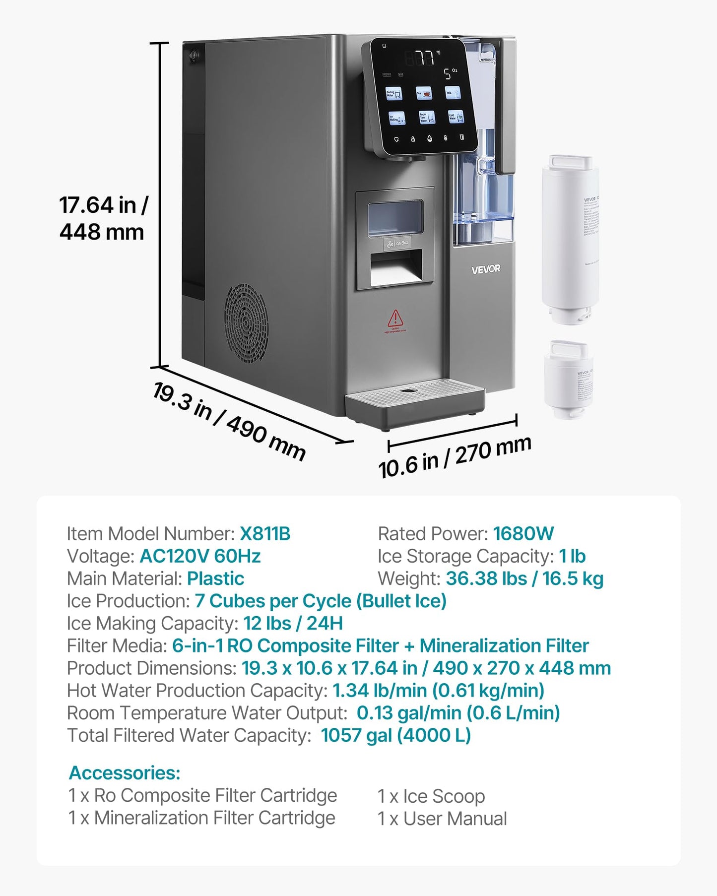 VEVOR Water Dispenser with Ice Maker, 3-in-1 Countertop Water Dispenser, 35 LBS/24H, 12 Cubes/7 Min Fast Ice Making with 4 LBS Storage, Bullet/Crushed ICES & Cold-Water (100 LBS/24H)