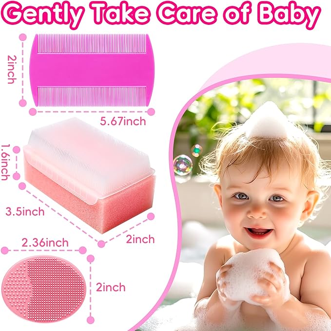 Cradle Cap Brush for Babies, Baby Bath Essentials with Silicone Scrubber Bath Sponge Dual-Sided Comb for Newborns Toddlers Boys Girls (Pink, Set of 5)