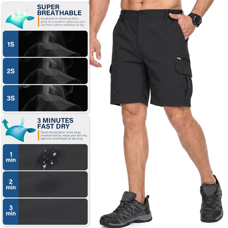 Jessie Kidden Mens Outdoor Casual Elastic Waist Lightweight Water Resistant Quick Dry Fishing Hiking Shorts #6222-Black,36