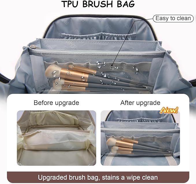 BOYATU Travel Makeup Bag Organizer Cosmetic Bag: 3 Pcs Set Make up Bags for Women with Handle - Waterproof Vegan Leather Toiletry Bags Travel Essentials Pouch with Compartments (03-A-Coffee)