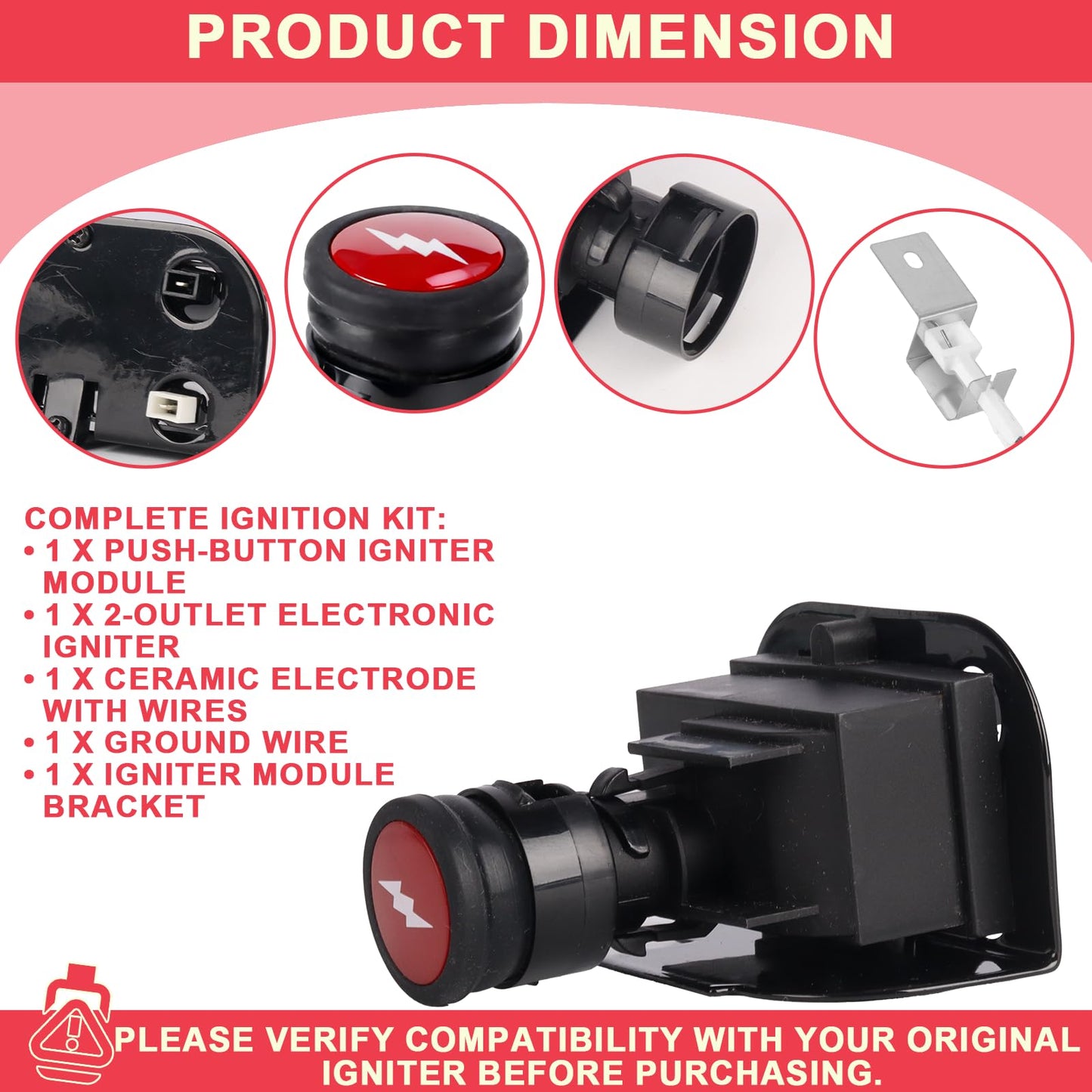 DcYourHome 64868 Grill Igniter Kit for Weber Q1200 Q2200 Series Grill Parts(2014+), Electronic 2-Outlet Ignition Kit for Weber 51010001 51200001, Push Button Ignition Starter Kit with Spark Generator