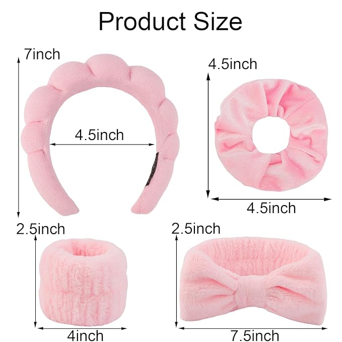 SuPoo 6pcs Pink Spa Headband and Wristband Set - Makeup Sponge Headband, Puffy Skincare Headbands, Cute Wrist Towels with Hair Ties - Teen Girl Gifts, Trendy Stuff