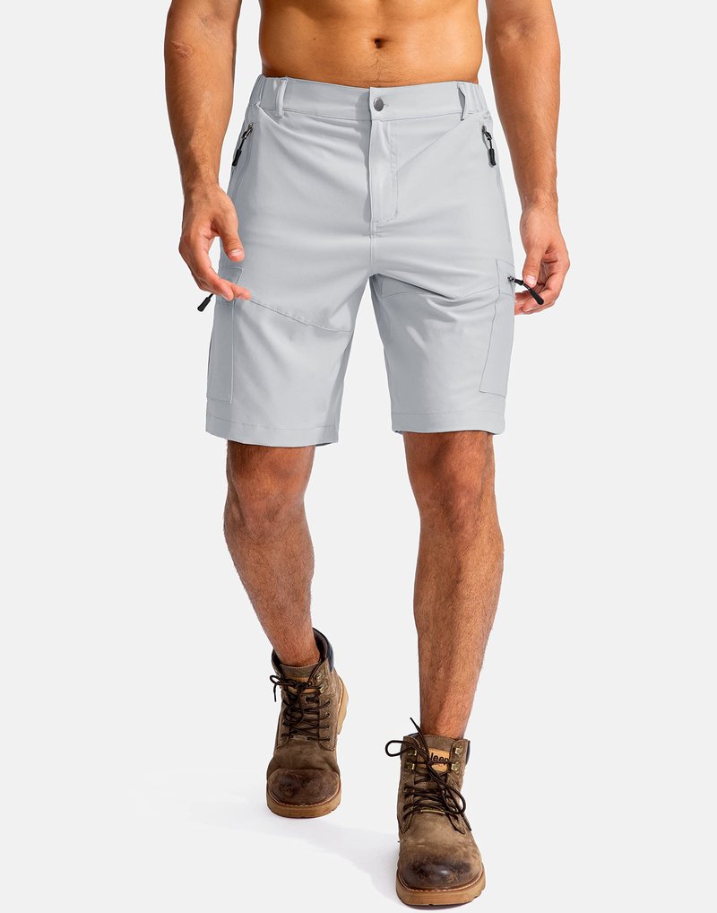 Pudolla Men's Hiking Cargo Shorts 9" Lightweight Outdoor Work Shorts for Men Travel Golf Camping Casual with 5 Zipper Pockets(Bright Grey Large)