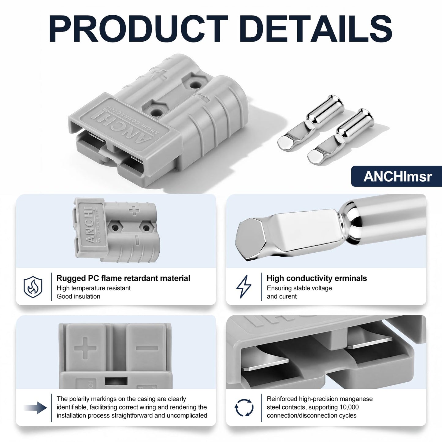 50Amp Power Connector Plug 50A Quick Connect Disconnect 600 V 2 Pairs(4pcs) for 50Amp Battery Connector(8AWG, Grey)