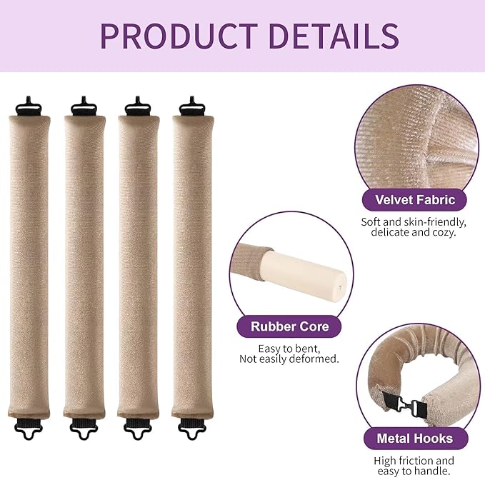Heatless Curls Overnight Hair Curlers - 4 Pcs No-Heat Curling Rod to Sleep In,Velvet Hair Rollers with Satin Wrap