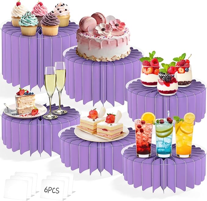 6Pcs Buffet Risers, Food Risers for Table, Foldable Cake Display Stands, Tall Cardboard Cupcakes Stand for Show Catering Desserts Jewelry Wedding Birthday Party Decoration (Purple)