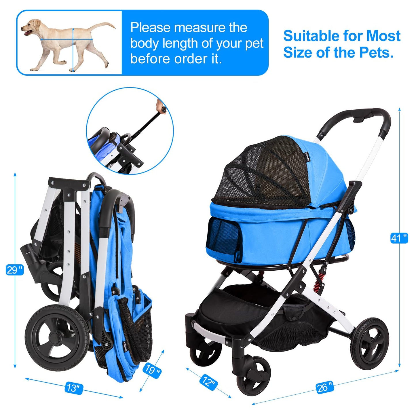 BETSOCCI Pet Stroller for Medium Small Dog & Cat, Foldable Lightweight Dog Stroller with Storage Basket Pet Travel Carriage with Safety Leashes, 4 Wheel, Blue
