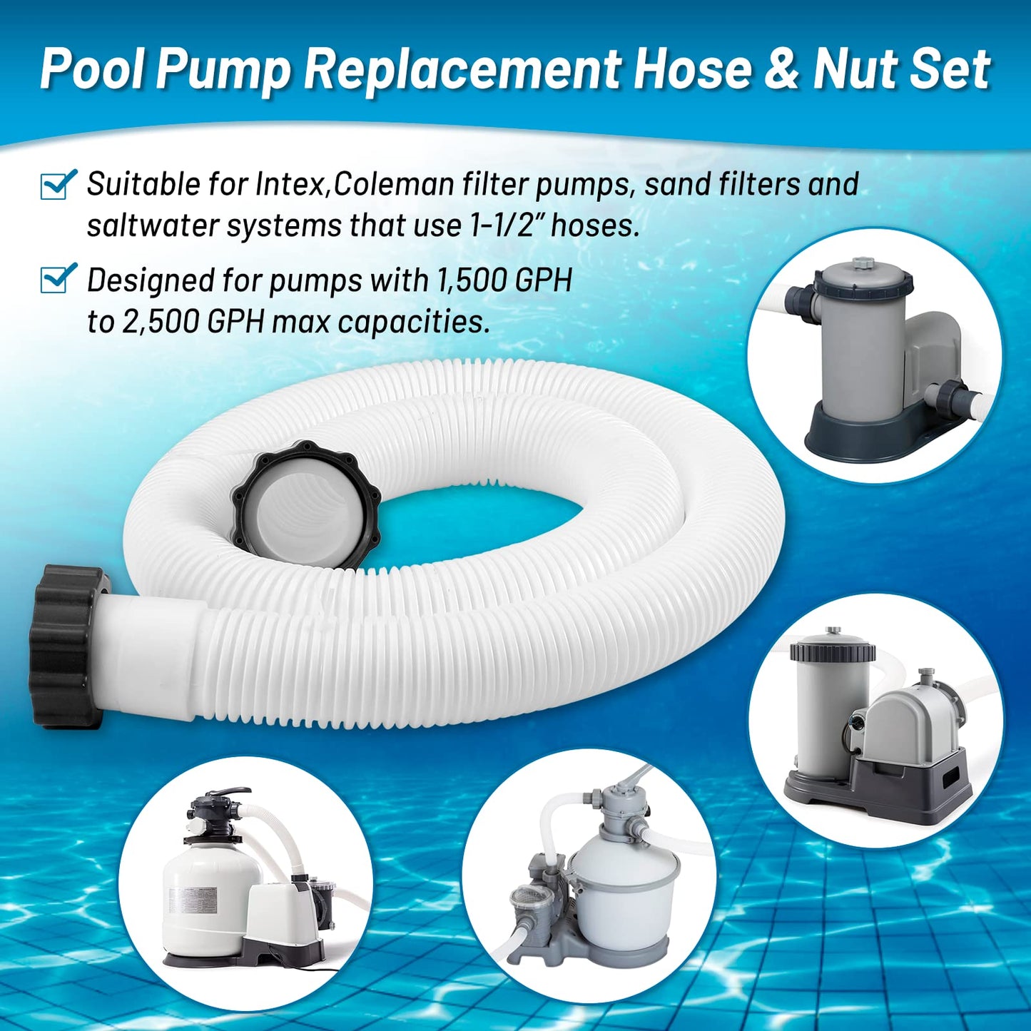 IDEASURE 1.5" Diameter 29060E Pool Pump Hoses for Above Ground Pools - 59" Long Pool Hoses for Intexx Cole man Filter Pumps, Sand Filters & Saltwater Systems with 1,500 to 2,500 GPH Capacity, 2 Pack