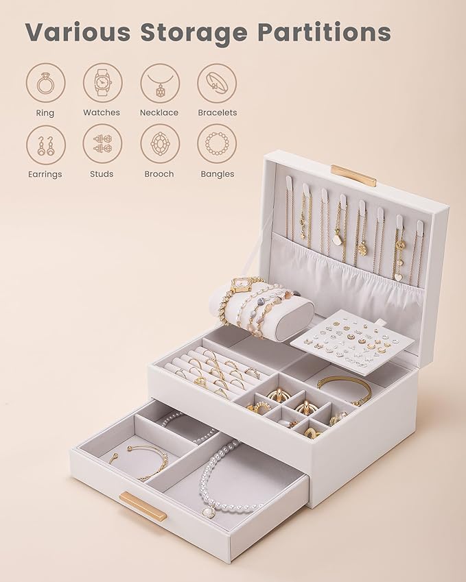 Lolalet 2-Layer Jewelry Box Organizer for Women Girls, Jewelry Storage Case Holder with Drawers for Necklaces Ring Earrings Bracelet Watch, Gifts for Galentines Valentines Girlfriend Wife -Beige