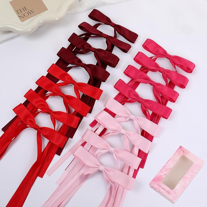 Hair Bows Clips Coquette Ribbon Bowknot with Long Tail Princess Hair Bows French Barrettes Hair Accessories for Women Girls 16PCS (Red, Rose red, Wine red, Pink)